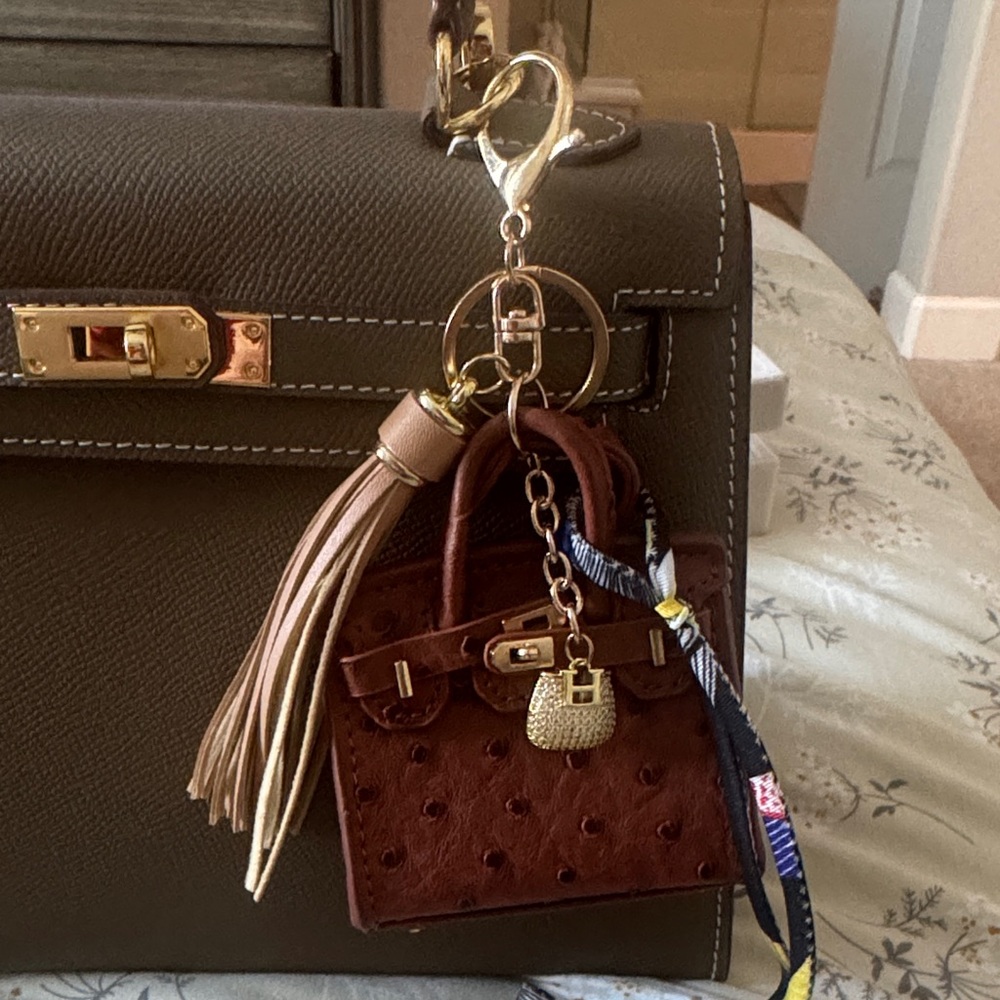 Brown Ostrich Leather Mini Bag Charm with Tassel